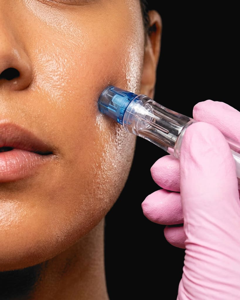 A hydra facial wand on a cheek, held in a pink gloved hand