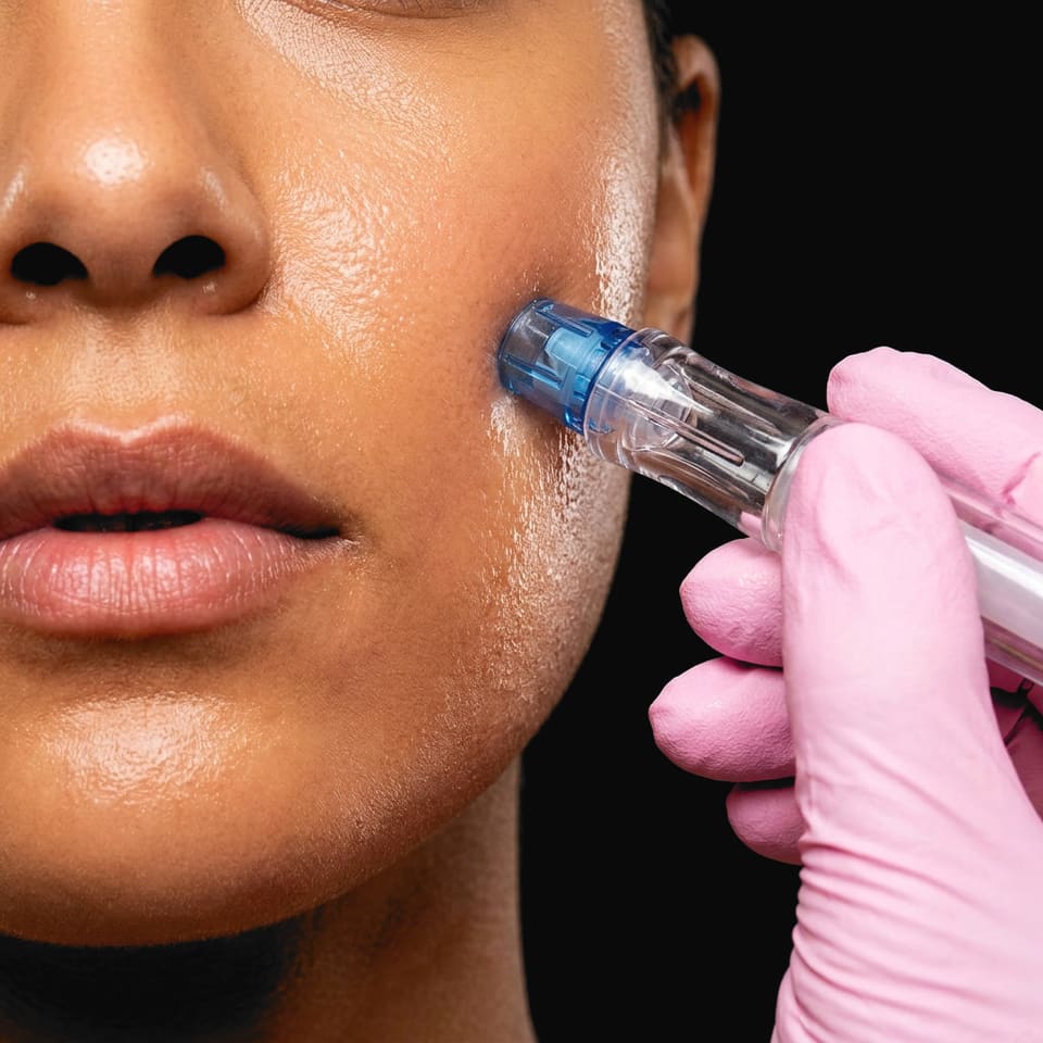 A hydra facial wand on a cheek, held in a pink gloved hand