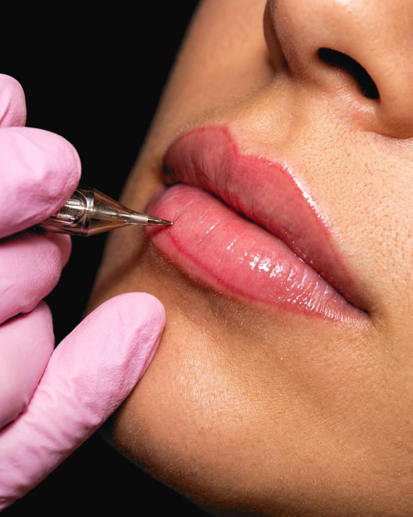 Lip blush going on with a fine pen, pink gloves, close up