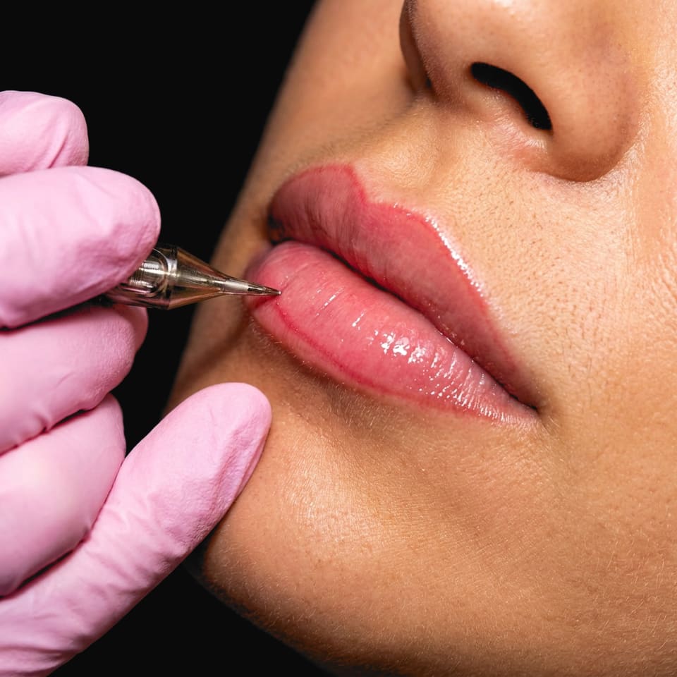 Lip blush going on with a fine pen, pink gloves, close up