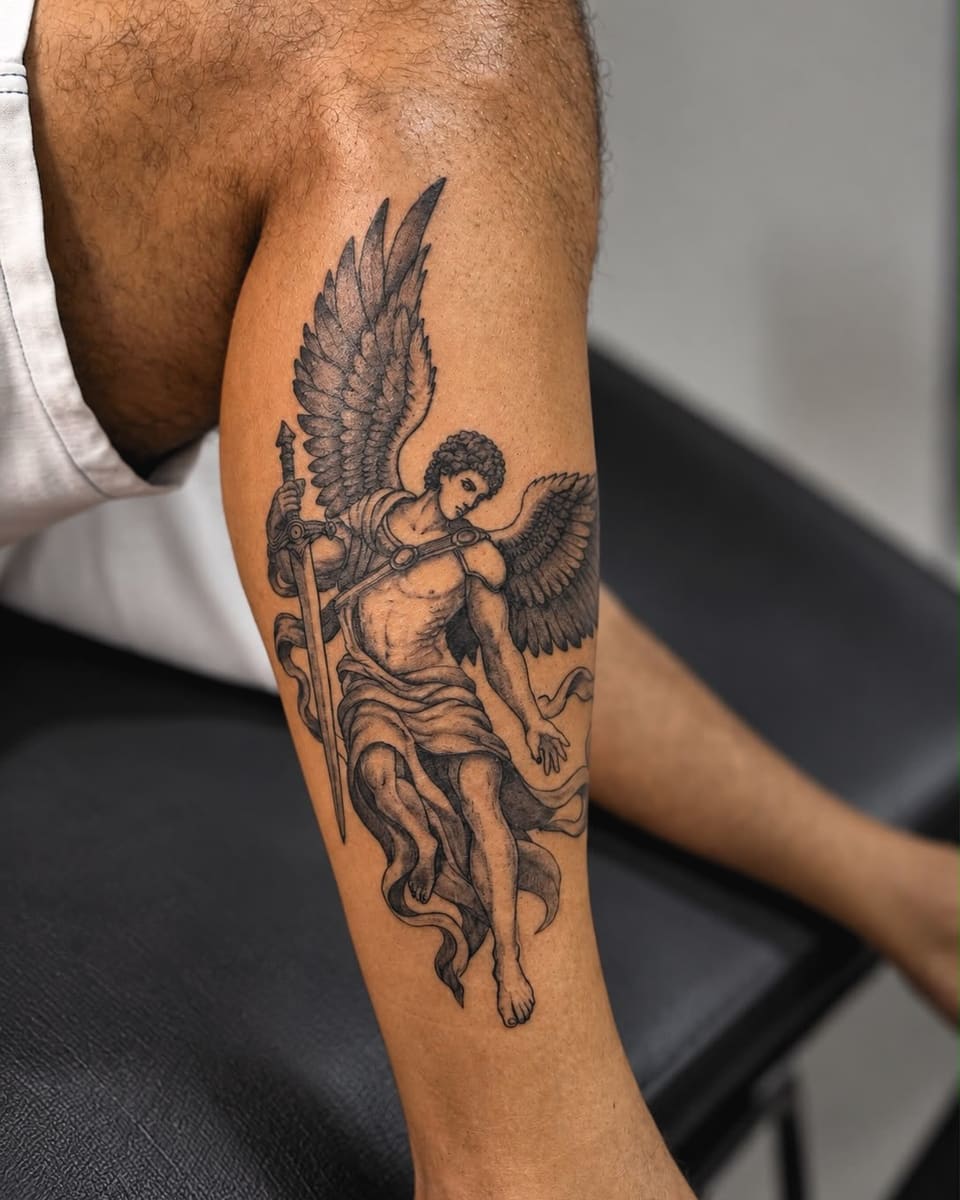 A black and grey angel tattoo with spread wings, on a calf